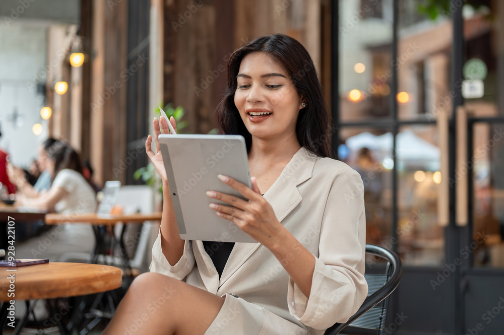 A beautiful, happy Asian businesswoman is using her digital tablet, working remotely at a cafe. A beautiful, happy Asian businesswoman is using her digital tablet, working remotely at a cafe.