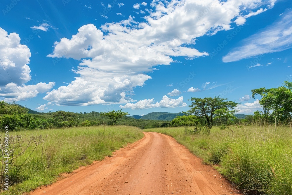 Fototapeta premium Rural landscape with dirt road and blue sky
