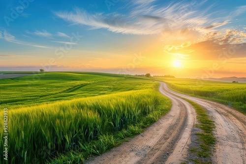 Rural landscape with wheat fields at dawn