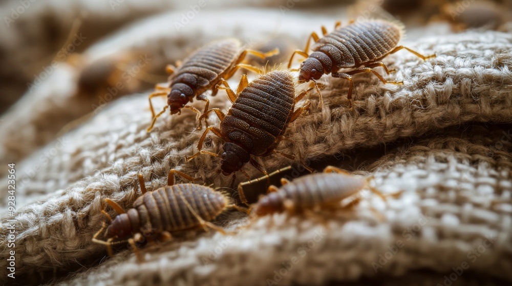 Detailed photo of bed bugs on white fabric with hyperrealistic insect anatomy and textures emphasizing their unsettling nature Detailed photo of bed bugs on white fabric with hyperrealistic insect anatomy and textures emphasizing their unsettling nature