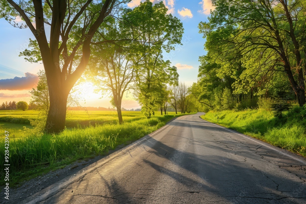 Fototapeta premium Rural road lined with trees in the evening