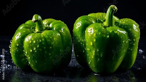 Beautiful close-up photo of couple of vibrant green organic ripe bell peppers covered in fresn water dew droplets on dark background. Capsicum annuum advertisement healthy food photography. photo