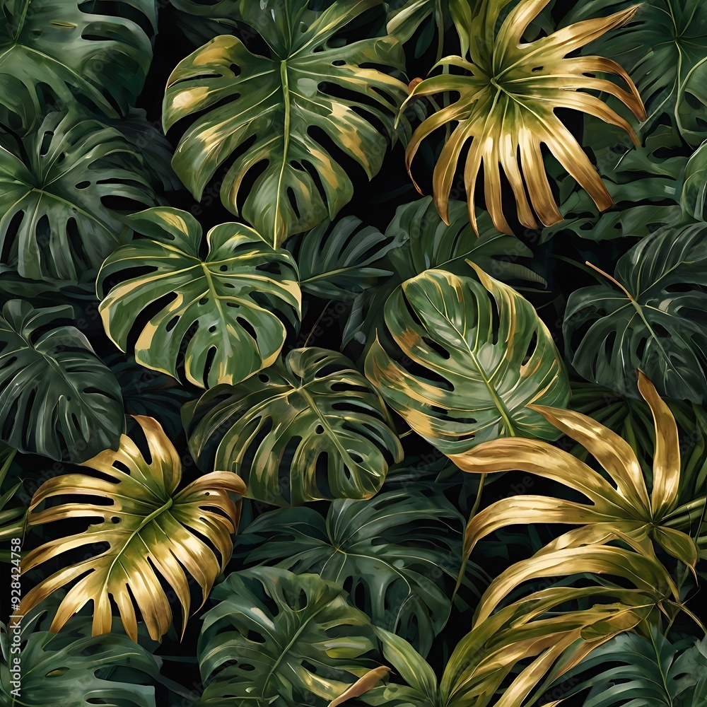 Fototapeta premium Lush tropical leaf, rich green tones, gold accents, palm leaves, detailed textures