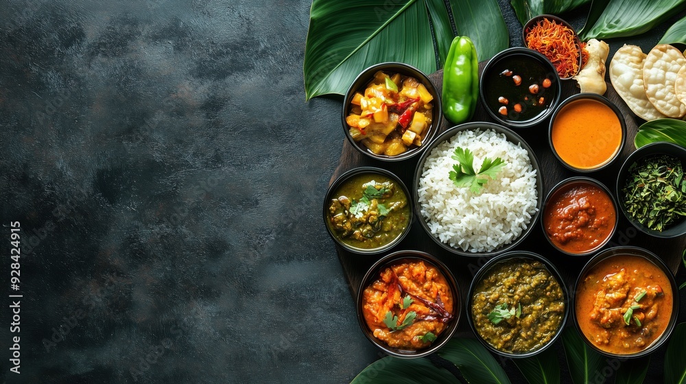 Traditional indian food Onam sadya rice and curry on banana leaf with copy space Traditional indian food Onam sadya rice and curry on banana leaf with copy space