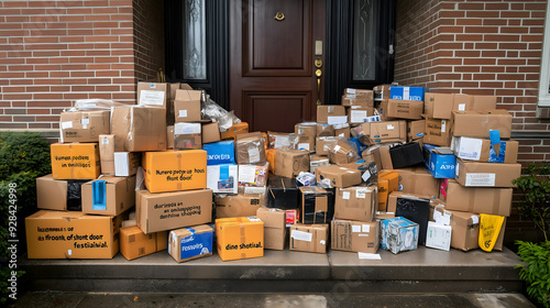 Numerous packages piled up in front of a house's front door during an online shopping festival. photo