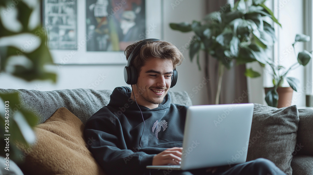 A young man is sitting on his couch at home, wearing headphones and smiling at the laptop on his lap A young man is sitting on his couch at home, wearing headphones and smiling at the laptop on his lap