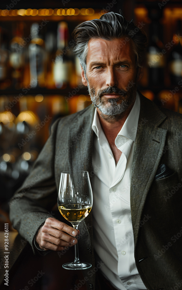 Elegant mature man is holding a glass of white wine while sitting at the bar Elegant mature man is holding a glass of white wine while sitting at the bar