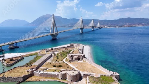 Aerial view of the big suspension bridge between Rio and Antirio with the frotress in front, Peloponnese, Greece photo