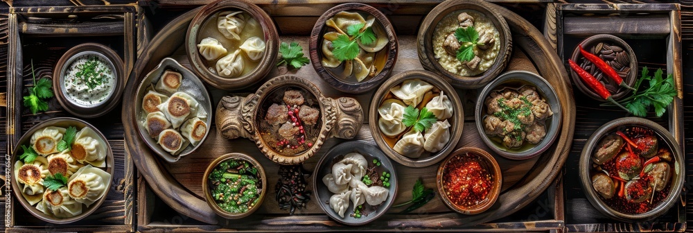 Asian Dishes Set, Azerbaijani Dumplings Giurza with Lamb Meat and Mutton Fillet in Ceramic Bowls Asian Dishes Set, Azerbaijani Dumplings Giurza with Lamb Meat and Mutton Fillet in Ceramic Bowls