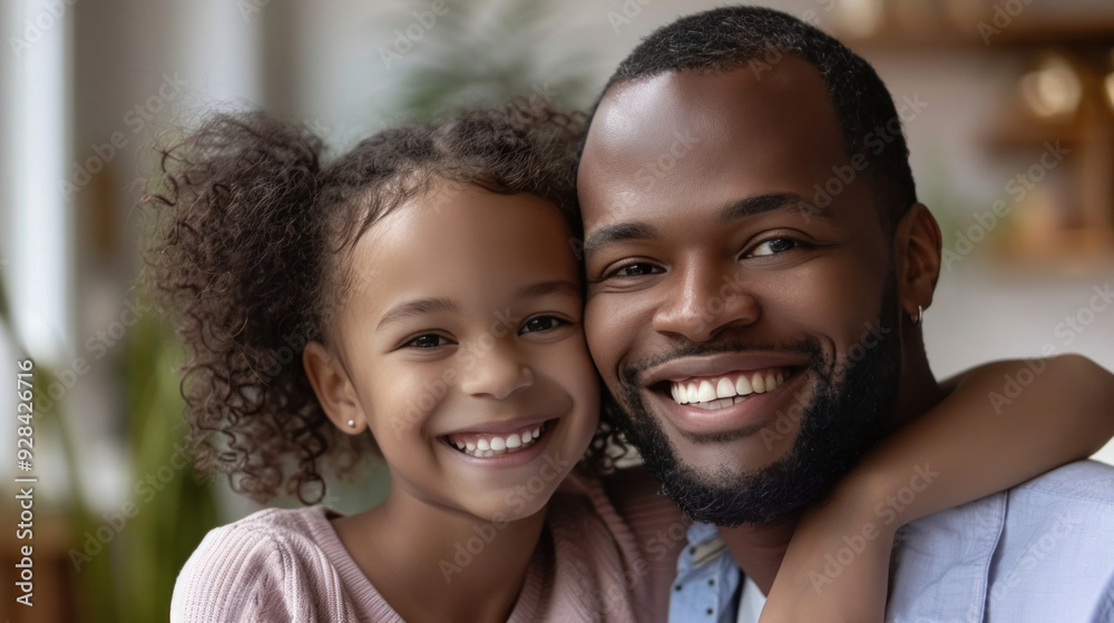 A cheerful father and his cute kindergarten daughter look out with big smiles and pose for a photo at home. A cheerful father and his cute kindergarten daughter look out with big smiles and pose for a photo at home.