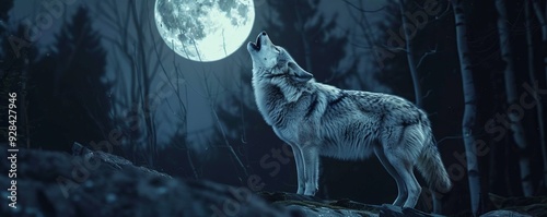 Fierce wolf howling at the full moon in the forest, 4K hyperrealistic photo photo