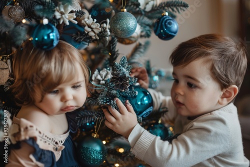 Two little kid boys and adorable baby girl decorating Christmas tree with old vintage toys and balls. Family preaparation celebration of family holiday. Three children, brothers sister, Generative AI photo