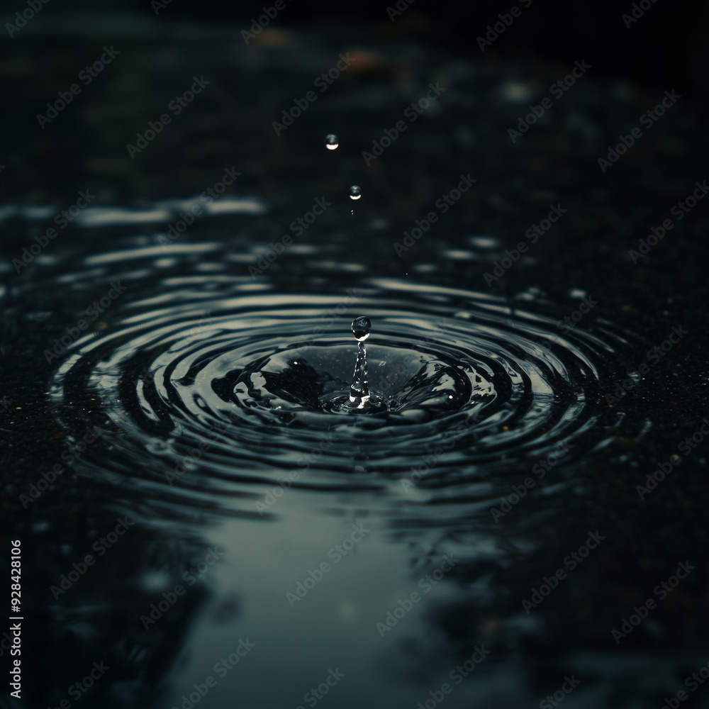 A close-up shot of a raindrop causing ripples in a dark puddle, captured in precise detail; showcasing natural textures, and the calm, reflective atmosphere of a rainy day. A close-up shot of a raindrop causing ripples in a dark puddle, captured in precise detail; showcasing natural textures, and the calm, reflective atmosphere of a rainy day.