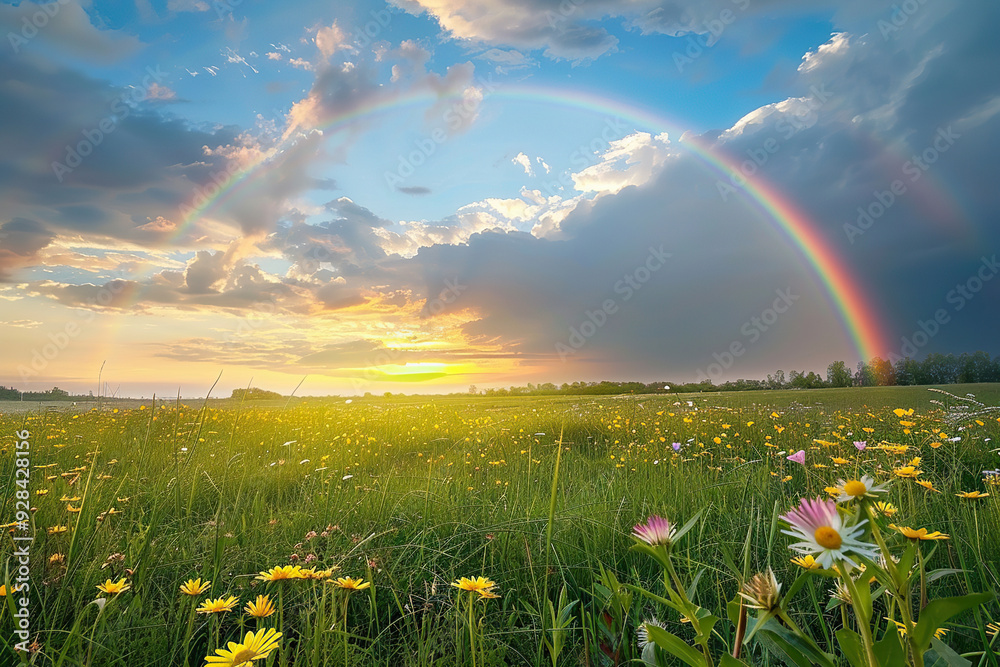 Naklejka premium Generative ai on theme of beautiful tranquil landscape with magical bright rainbow at cloudy sky