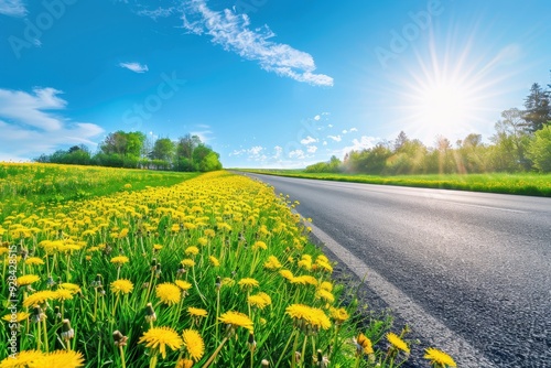 Scenic countryside road in spring with sun sky grass and flowers