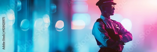 A lone security guard stands in a neon-lit city, symbolizing cyberpunk, futuristic technology, law enforcement, urban environment, and isolation. photo