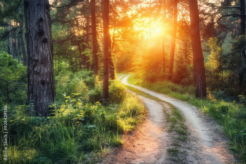 Fototapeta premium Scenic hiking path through beautiful forest with sunset view dirt road for walking or biking