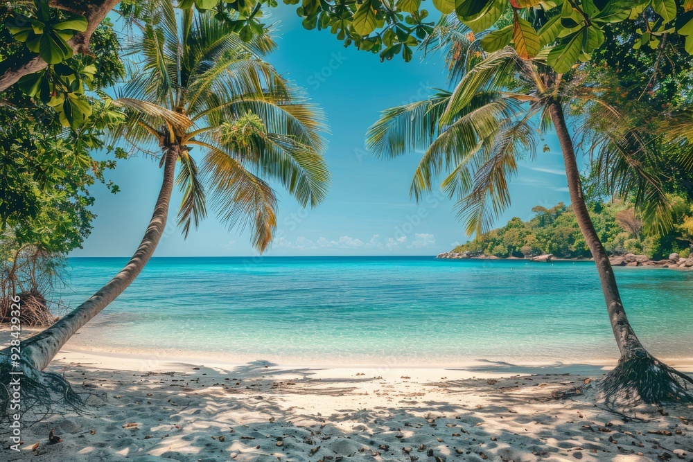 Fototapeta premium Picturesque Tropical Coast with White Sand, Blue Sea at Hot Afternoon, Beautiful Paradise Beach