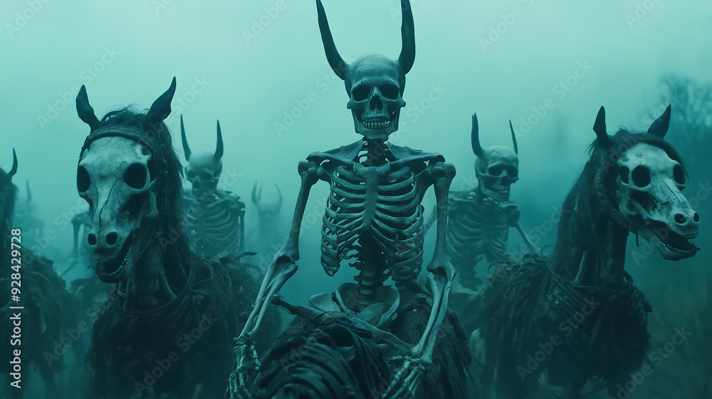 Fototapeta premium Horned Skeleton Warriors Riding Ghostly Horses