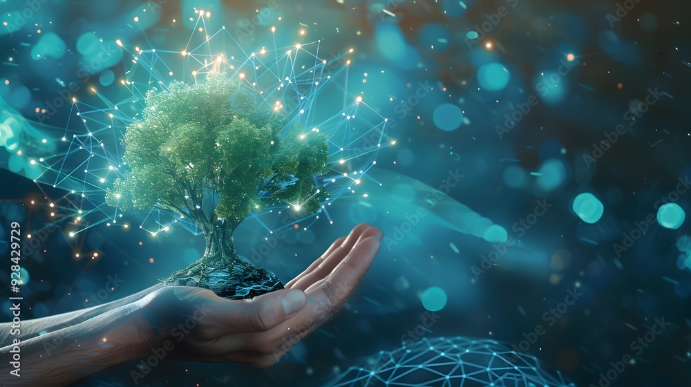 A hand holding a glowing tree growing on a digital globe, symbolizing growth and global connection through technology A hand holding a glowing tree growing on a digital globe, symbolizing growth and global connection through technology