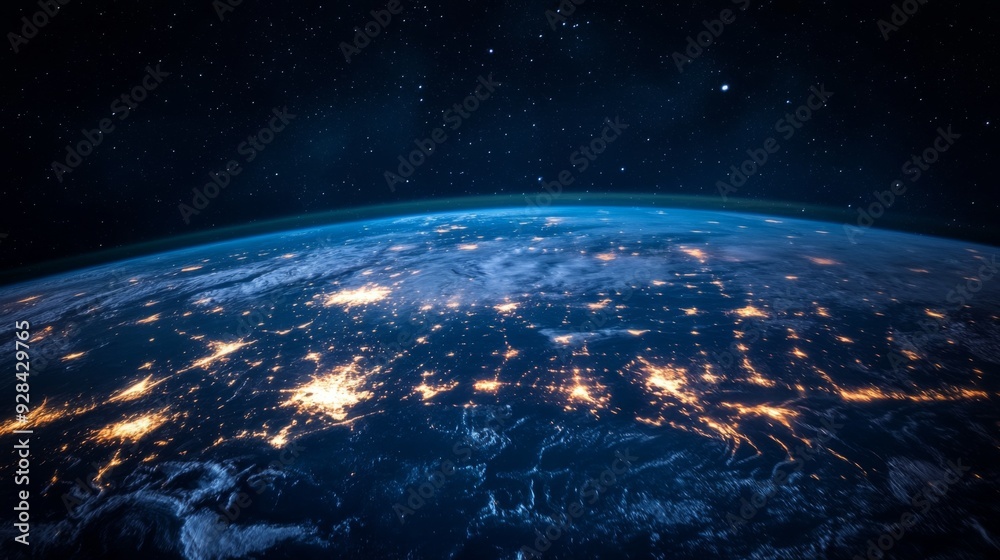 Earth at night with twinkling city lights and stars in the dark sky. Earth at night with twinkling city lights and stars in the dark sky.