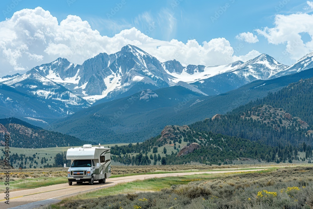 Scenic mountain view with parked RV on road trip in USA Scenic mountain view with parked RV on road trip in USA