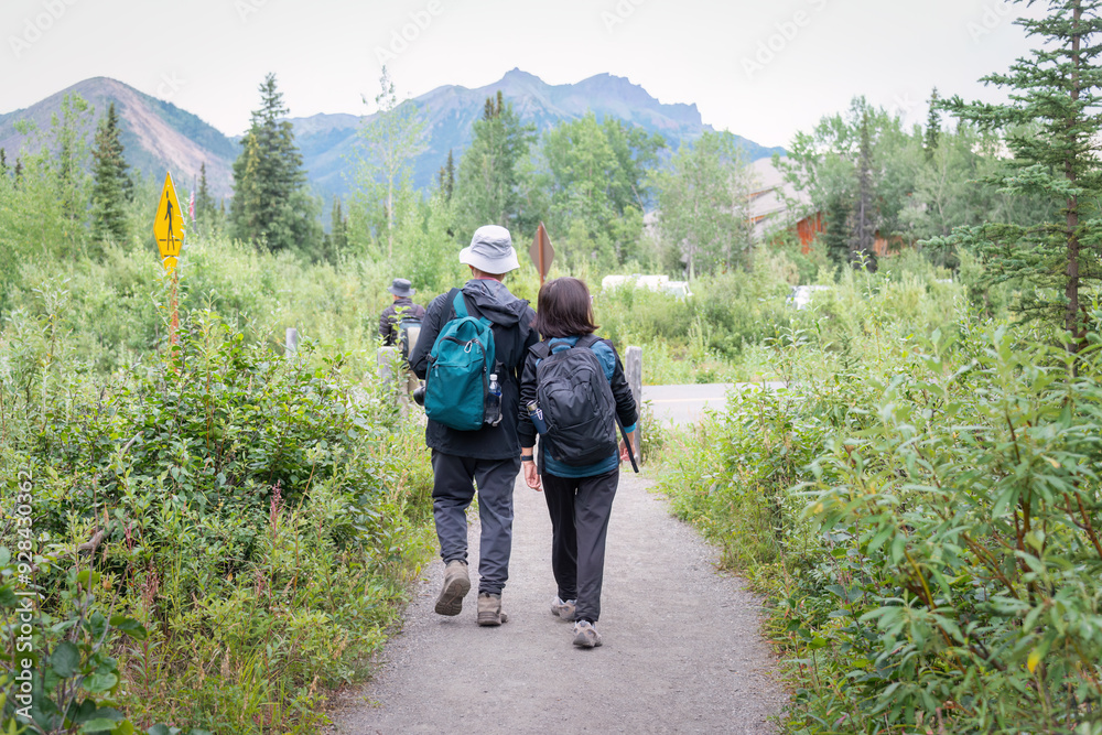 Tourists walking at Denali National Park and Preserve. Alaska. USA.