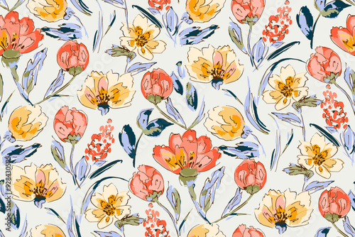 Cute feminine watercolor seamless pattern with wildflowers.hand drawn, not AI
