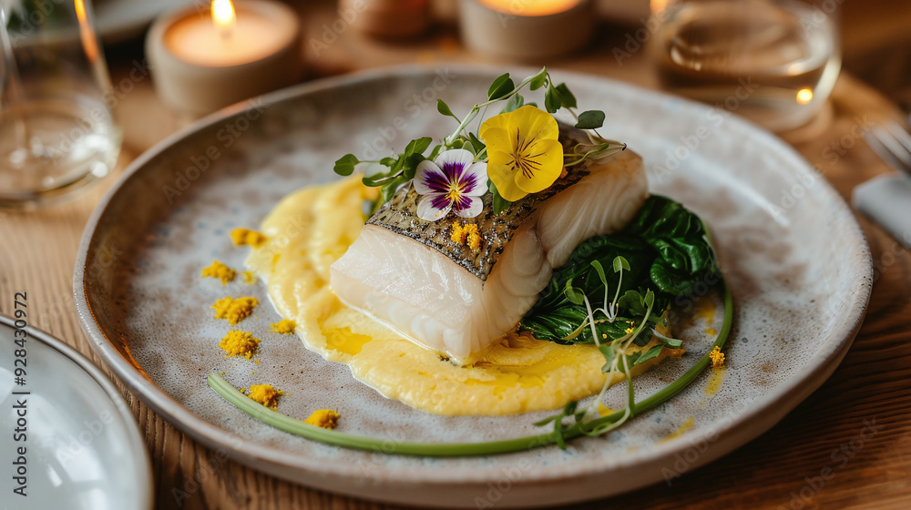 Wild fish fillet decorated with edible flowers and saffron sauce against background of delicate celery puree and fried spinach leaves Wild fish fillet decorated with edible flowers and saffron sauce against background of delicate celery puree and fried spinach leaves