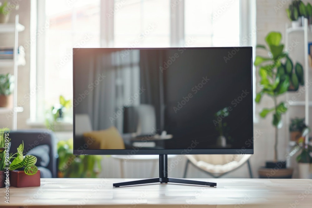 Modern computer monitor on a wooden desk with blurred background of a home office.