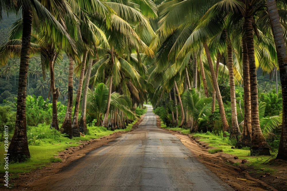 Scenic rural area with coconut trees lining the road Scenic rural area with coconut trees lining the road