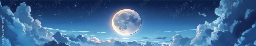 Enchanted anime-style Skies: A Stylized Illustration of the Full Moon Peeking Through Clouds, the Pinnacle of Fantasy Travel Posters and 4K Wallpapers for Enthusiasts,Anime-Style,illustration,Picture 