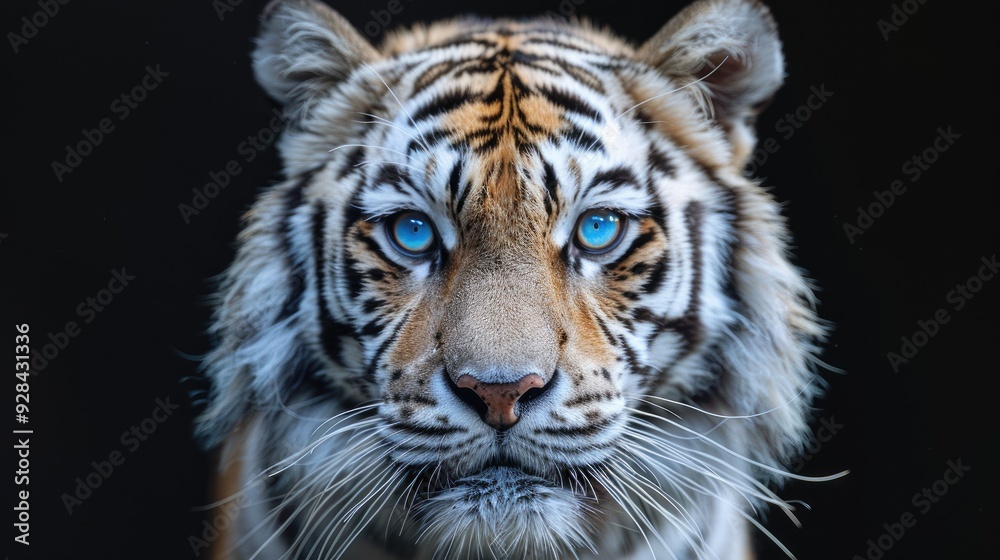 Fototapeta premium tiger, black background, blue eyes, symmetrical composition, closeup photo of face