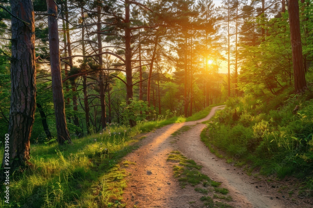 Scenic trail in woods with sunset view perfect for hiking or biking Scenic trail in woods with sunset view perfect for hiking or biking