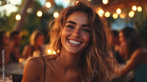 A stunning woman, part of a lively and diverse group of friends at a backyard gathering, all sharing drinks and joyful laughter under the evening sky.