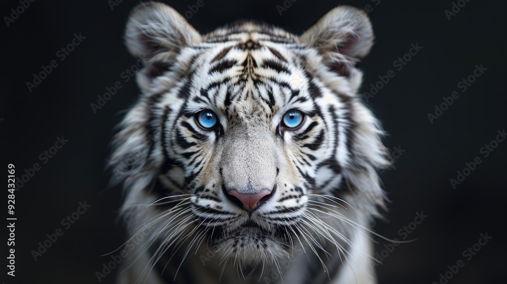 tiger, black background, blue eyes, symmetrical composition, closeup photo of face tiger, black background, blue eyes, symmetrical composition, closeup photo of face