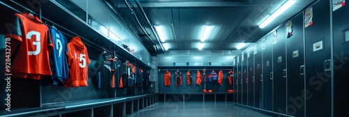 A professional sports team's locker room with jerseys hanging on hooks, showcasing teamwork, dedication, and the spirit of competition. photo