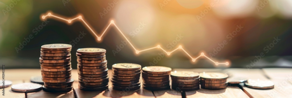 A row of coins stacks decreasing in height, symbolizing economic decline, financial instability, market downturn, investment loss, and recession. A row of coins stacks decreasing in height, symbolizing economic decline, financial instability, market downturn, investment loss, and recession.