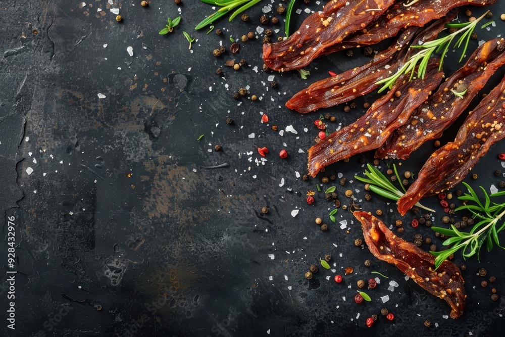 Fototapeta premium Tasty dried meat jerky with seasoning on dark surface