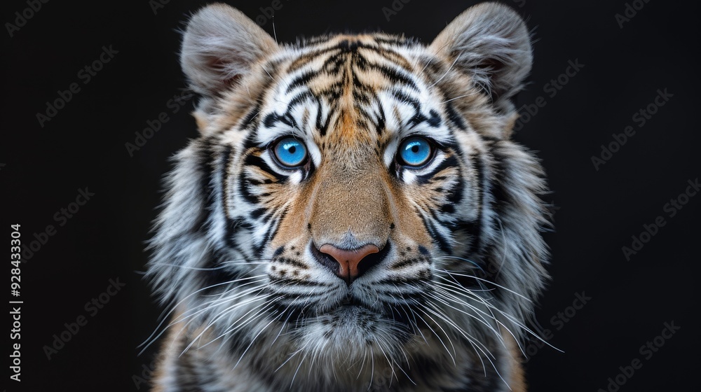 Fototapeta premium tiger with blue eyes on a black background in a symmetrical