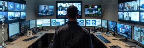 A security operator sits in front of multiple monitors, each displaying different video feeds. This symbolizes security, surveillance, monitoring, technology, and control. photo