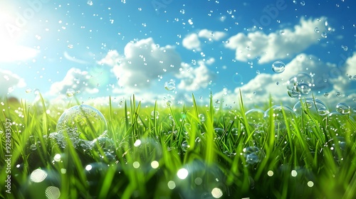 A Frutiger Aero style background featuring a green field with clouds and bubbles, presenting a clean and modern design with an airy and whimsical aesthetic.