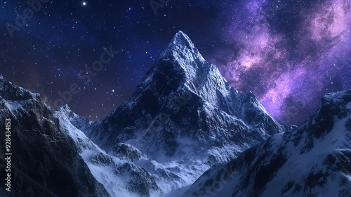 Majestic Snowy Mountain Peak Under a Starry Galaxy