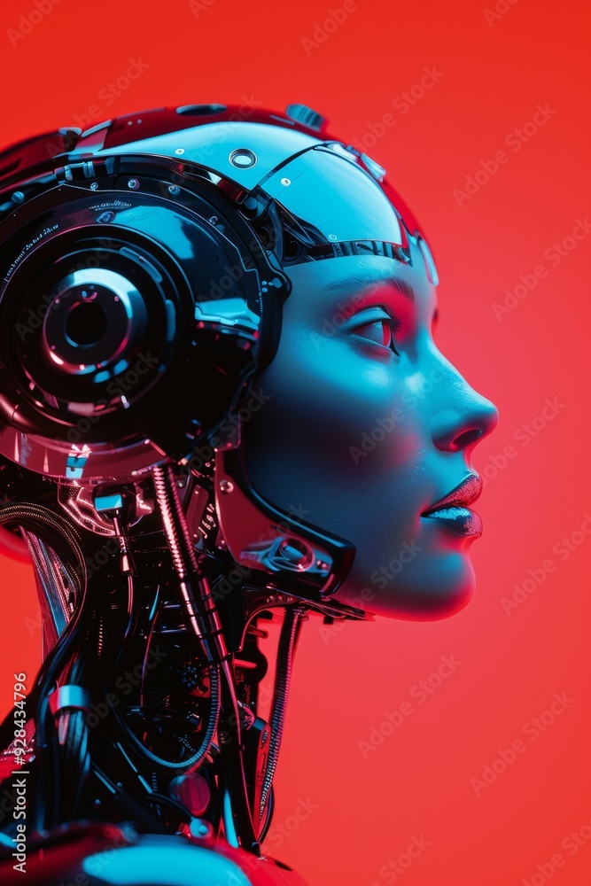 A futuristic humanoid robot with a sleek design and glowing features against a vibrant red background A futuristic humanoid robot with a sleek design and glowing features against a vibrant red background