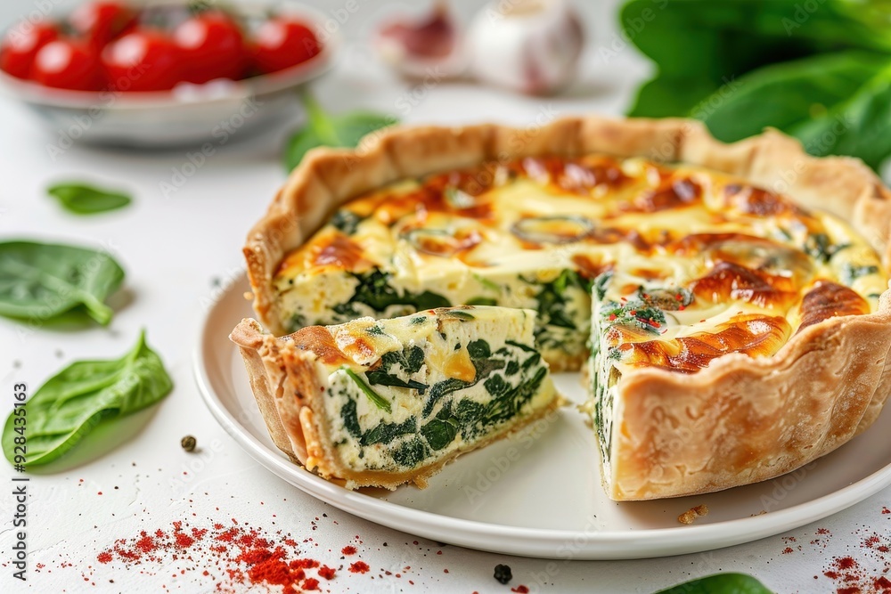 Tasty spinach quiche on white table Tasty spinach quiche on white table