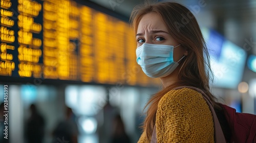 Young woman at airport wearing a mask and checking flight information
