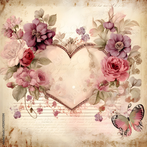 A romantic vintage Valentine design featuring a heart framed with pink and purple roses, set against an aged paper background. Ideal for Valentine's Day cards, scrapbooking, or romantic decor
