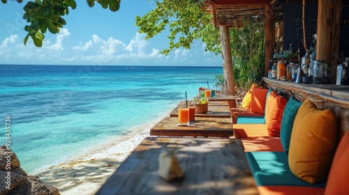 Fototapeta Naklejka Na Ścianę i Meble -  A beach bar with colorful cushions, serving smoothie combinations, overlooking a vibrant coral reef, sunny day, underwater world visible