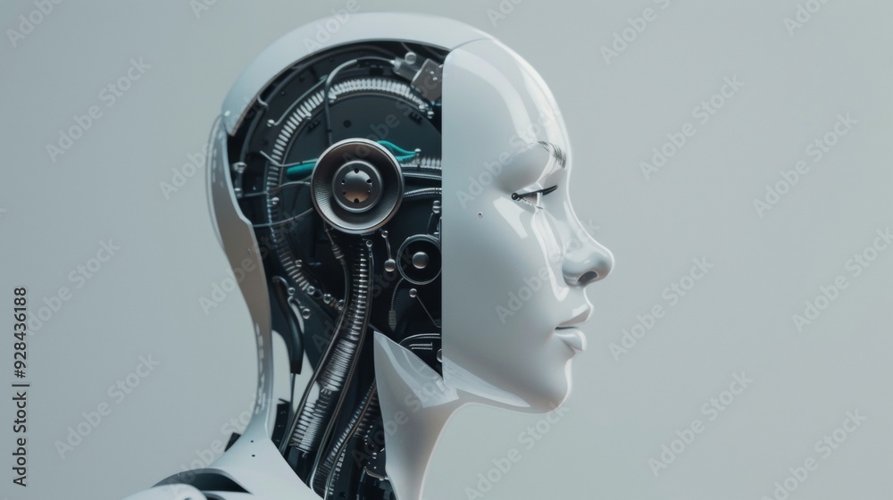 Realistic humanoid robot head showcasing intricate internal components against a neutral background. With copy space for text. Realistic humanoid robot head showcasing intricate internal components against a neutral background. With copy space for text.