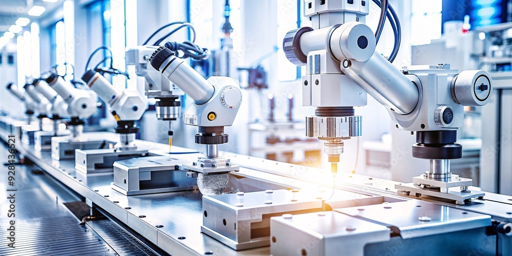 Robotic Arms Working on Assembly Line. Modern, bright factory interior showcasing a row of robotic arms precisely working on an assembly line. This image evokes concepts of automation. Robotic Arms Working on Assembly Line. Modern, bright factory interior showcasing a row of robotic arms precisely working on an assembly line. This image evokes concepts of automation.